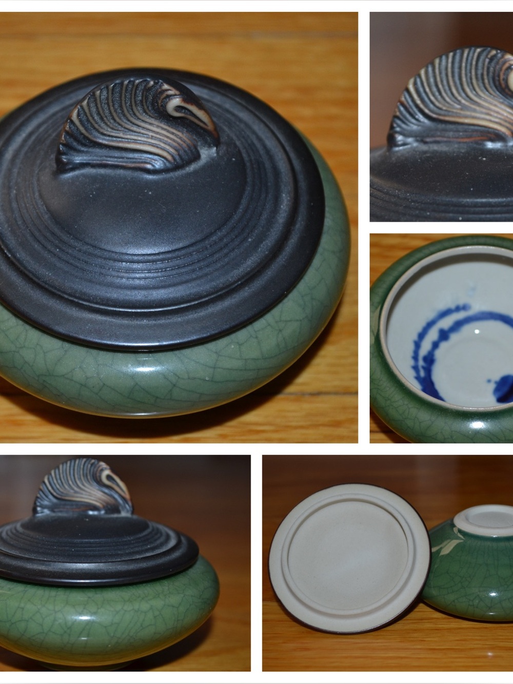 Green crackle glaze ceramic bowl jewelry dish with decorative lid